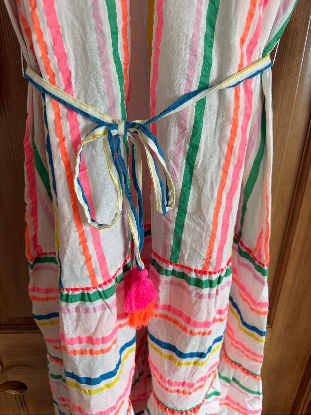 Boden White Pink Multi-Stripe Tiered Dress with Tassel Waist Tie - Picture 4 of 4